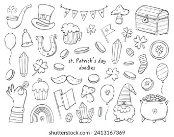 Colección de doodles monocromos del día de San Patricio para páginas de coloreado, impresiones, pegatinas, tarjetas, sublimación, planificadores, estacionarios, etc. EPS 10