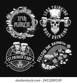 St Patricks Day monochrome Labels with holiday objects, text on black background. Skull, beer, shamrock, rainbow. For clothing, apparel, T-shirts, holiday stuff, goods decoration. Vintage style