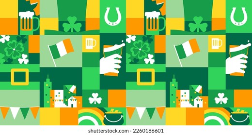 St. Patrick's Day mosaic seamless pattern illustration. Fun Ireland culture party background print. Green cartoon holiday backdrop texture, irish wallpaper design.	