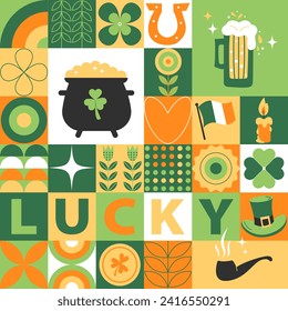 St. Patrick's Day mosaic vector background. Geometric abstract posters of Happy St. Patrick's Day. Traditional ireland celebration. Mosaic illustration with green shamrock leaf, beer, irish flag