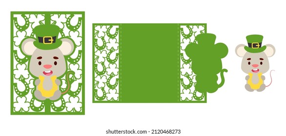 St. Patrick's Day mouse laser cutting invitation card template. Paper cut out silhouette for plotter and silk screen printing. Vector stock illustration.