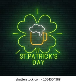 St. Patrick's Day. Mug of beer. Clover. Neon sign. logo, emblem and label. banner. Vector illustration