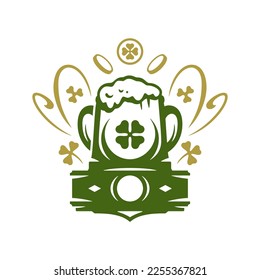 St Patrick's Day mug full of foamy beer lucky clover coin financial prosperity vintage icon vector flat illustration. Irish traditional symbol of fortune male ale alcohol beverage Celtic culture badge