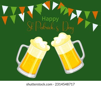 St. Patrick's Day, mugs with beer, garlands with flags and congratulatory text. Postcard, banner, vector	

