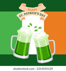 Día de San Patricio, tazas con cerveza en el fondo de la bandera de Irlanda con hojas de shamrock y un texto de felicitación. Ilustración, postal, pancarta