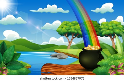 St Patrick's day nature landscape with a pot of gold and rainbow