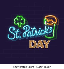 St. Patrick's day neon banner with bulb day text. Lucky leaf and green beer in irish stout glass. Line art style neon illustration on brick wall background.