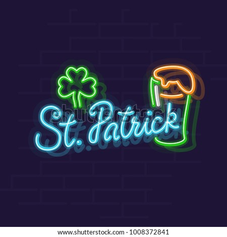 St. Patrick's day neon banner. Lucky leaf and green beer in irish stout glass. Line art style neon illustration on brick wall background.