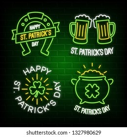 St Patrick's day neon glowing labels. Vector shining badges with holiday symbols. Horseshoe, beer mugs, leprechaun's pot and shamrock. Vintage logos and green brick wall background.