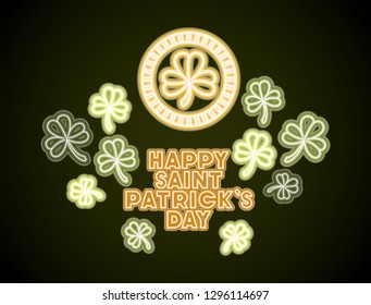 st patricks day neon label with coins and clovers