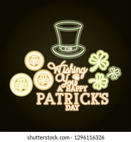st patricks day neon label with hat lemprechaun