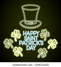 st patricks day neon label with hat lemprechaun