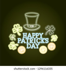 st patricks day neon label with hat lemprechaun