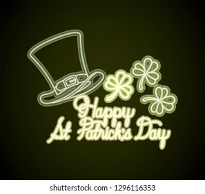 st patricks day neon label with hat lemprechaun