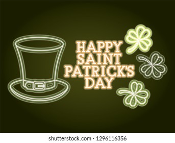 st patricks day neon label with hat lemprechaun