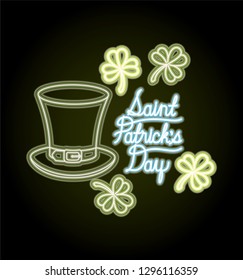 st patricks day neon label with hat lemprechaun