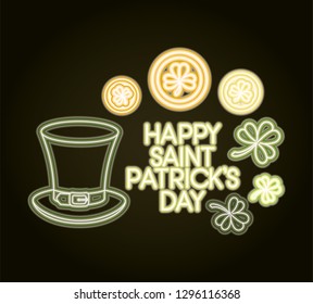 st patricks day neon label with hat lemprechaun