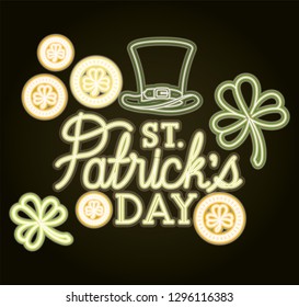 st patricks day neon label with hat lemprechaun