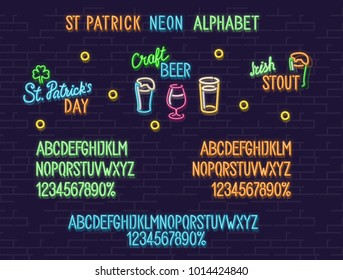 St. Patrick's day neon set. Irish colors glowing font with uppercase letters. Lucky leaf, gold coins, stout, cherry beer and lager icons.