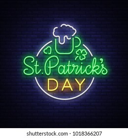 St Patricks Day is a neon sign. Symbol, logo with beer, neon banner, bright design in neon style, Festive illustration for greeting card, flyer, invitation, party. Vector illustration
