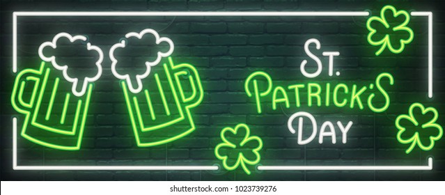 St. Patrick's Day neon sign. Web banner, logo, emblem and label. Neon sign, bright signboard, light banner. Vector illustration 