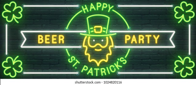 St. Patrick's Day neon sign. Web banner, logo, emblem and label. Neon sign, bright signboard, light banner. Vector illustration 