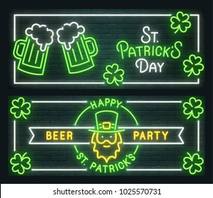 St. Patrick's Day neon sign. Web banner, logo, emblem and label. Neon sign, bright signboard, light banner. Vector illustration 