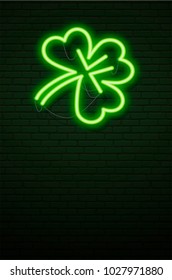 St Patricks Day Neon sign and green brick wall. Realistic sign. National holiday symbol in Ireland. Irish Shamrock. Template night Vertical banner. 