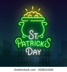 St. Patrick's Day neon sign. Night city sign neon. St. Patrick's Day banner, logo, emblem and label. Bright signboard, light banner.  Vector illustration.