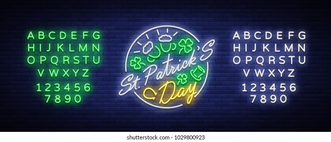 St Patricks Day is a neon sign. Symbol, logo with beer, neon banner, bright design in neon style, Festive illustration for greeting card, flyer, party. Vector illustration. Editing text neon sign