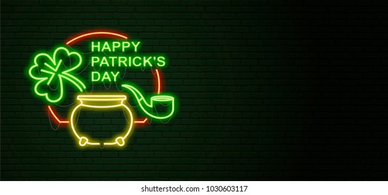 St Patricks Day Neon sign and green brick wall. Realistic sign. National holiday symbol in Ireland. Irish Shamrock. Leprechaun Pot of gold. horizontal Template night banner.