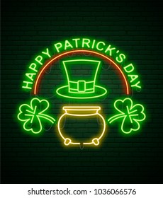 St Patricks Day Neon sign and green brick wall. Realistic sign. National holiday symbol in Ireland. Irish Shamrock. Leprechaun Pot of gold. Template night banner. 