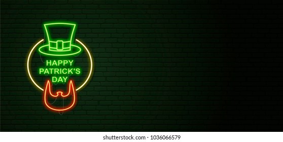 St Patricks Day Neon sign and green brick wall. Irish Beard of Leprechaun and Hat. National holiday symbol in Ireland. Template night banner. 