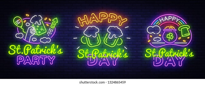 St. Patrick's Day neon sign collection vector. Happy Saint Patrick's Day Design template and web for banner, poster, greeting card, party invitation, light banner. Isolated illustration