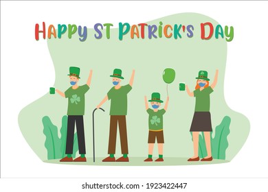 St patrick's day in new normal vector concept: Happy family celebrating st patrick's day together while wearing face mask in new normal