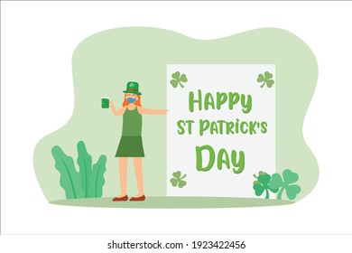 St patrick's day in new normal vector concept: Young woman showing happy patrick's day text while wearing face mask in new normal