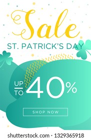 St Patricks Day offer, template for your business. Abstract gradient shapes background with green clovers