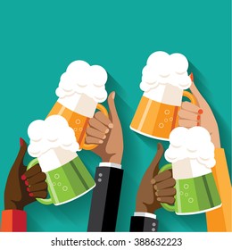 St. Patrick's Day or Oktoberfest toasting hands beer party poster. EPS 10 vector. People clinking beer glasses. Pub, bar, craft beer or microbrewery ad, web page or marketing. Copy space. Flat design