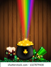 st. Patrick's Day on wood plank contains  fairy lights tie up around a pot of gold coin, beer and green top hat be side a black pot over shamrock