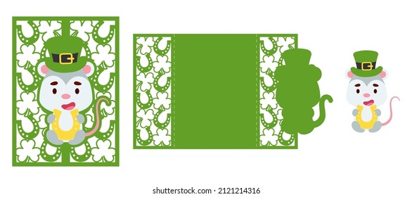 St. Patrick's Day opossum laser cutting invitation card template. Paper cut out silhouette for plotter and silk screen printing. Vector stock illustration.