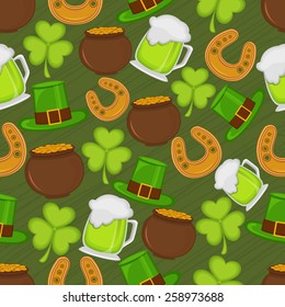 St. Patrick's Day ornaments decorated pattern on green background.