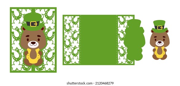 St. Patrick's Day otter laser cutting invitation card template. Paper cut out silhouette for plotter and silk screen printing. Vector stock illustration.