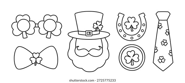 Esquema del día de San Patricio, páginas para colorear y conjunto de Plantillas.
Incluye trébol, monedas, herradura, sombrero de duende, bigote, gafas de fiesta, corbata y pajarita.
Perfecto para hojas de trabajo, imprimibles, manualidades, tarjetas de felicitación y uso educativo. 