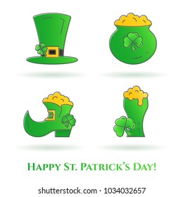 St. Patrick's Day outline icons set with different colorful holiday symbols and celebrating elements. Vector illustration of line pictograms with editable stroke isolated on white background.