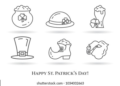 St. Patrick's Day outline icons set with different holiday symbols and celebrating elements. Vector illustration of thin line pictograms with editable stroke isolated on white background.