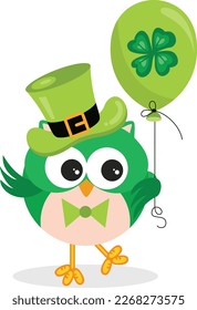 St Patrick's day owl holding a green balloon with clover
