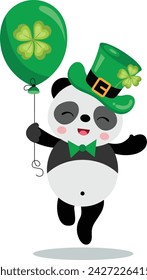 St Patrick's day panda holding a green balloon with clover