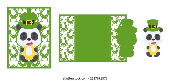 St. Patrick's Day Panda laser cutting invitation card template. Paper cut out silhouette for plotter and silk screen printing. Vector stock illustration.