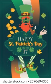 St. Patrick's Day party banner, flyer, or invitation card design. Irish Patrick Day with a leprechaun in green hat, clover, Irish flag, coins, and lettering Happy St Patrick day. Vector illustration.