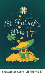 St. Patrick's Day party banner, flyer, or invitation cards designs. Irish Patrick Day with a green hat a hat full of gold coins, lucky clover, and lettering Happy St Patrick day. Vector illustration.